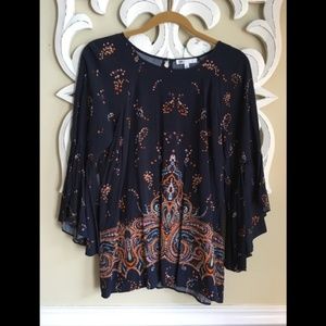 Nordstrom Bell Sleeve Navy Blue Shirt EUC